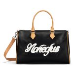 NOFS Black Leather Bag aus schwarzem Leder mit beigen Henkeln und Noneofus Schriftzug