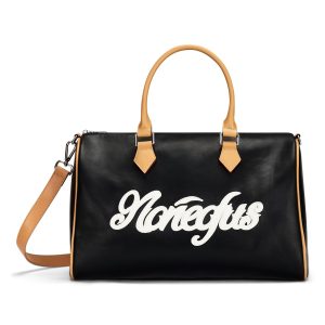 NOFS Black Leather Bag aus schwarzem Leder mit beigen Henkeln und Noneofus Schriftzug