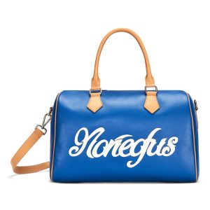 NOFS Blue Leather Bag aus blauem Leder mit beigen Henkeln und weißem Noneofus Schriftzug