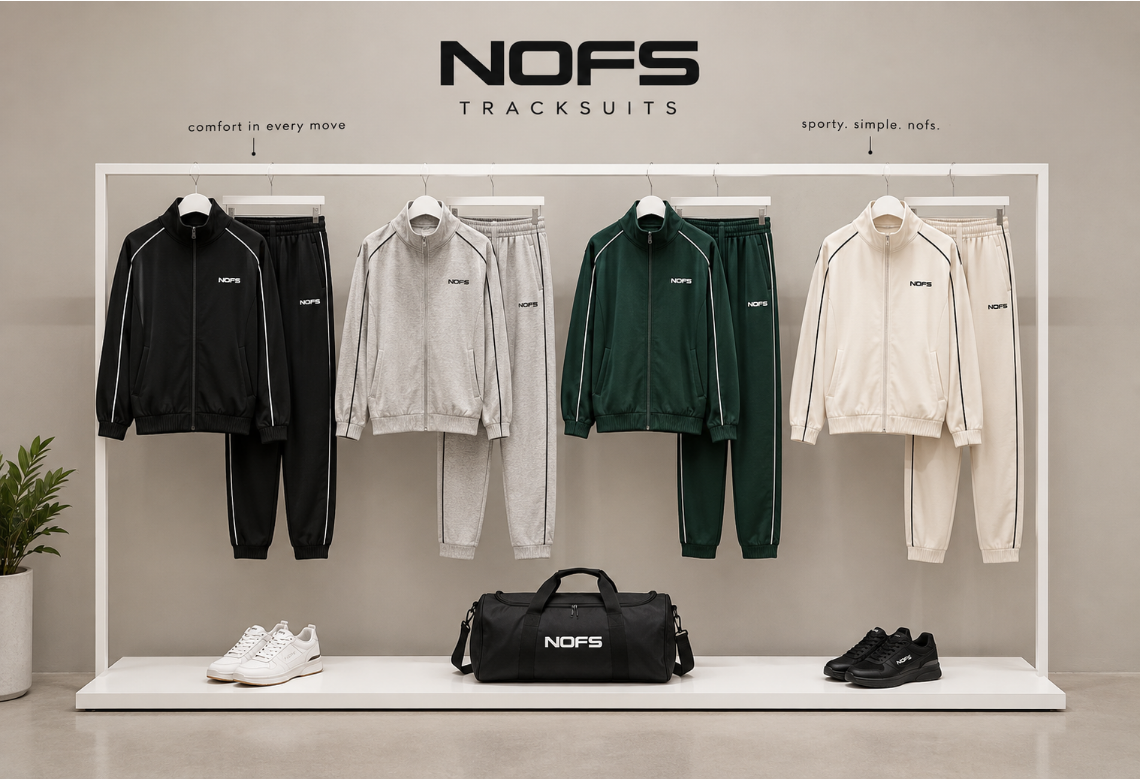 NOFS Black Tracksuit Dark Edition als kompletter Matching-Set-Look mit weißen Chunky Sneakern von None of Us Streetwear