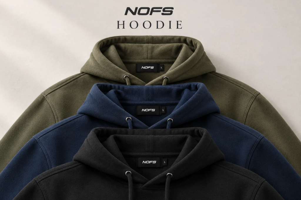 NOFS Black Hoodie Signature Star Detailansicht von Material und Siebdruck-Print