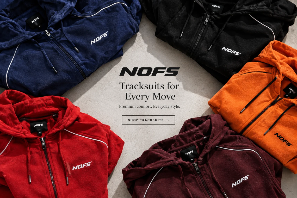 NOFS Burgundy Tracksuit Star Edition neben NOFS Black Tracksuit Dark Edition, Farbvergleich beider None of Us Sets