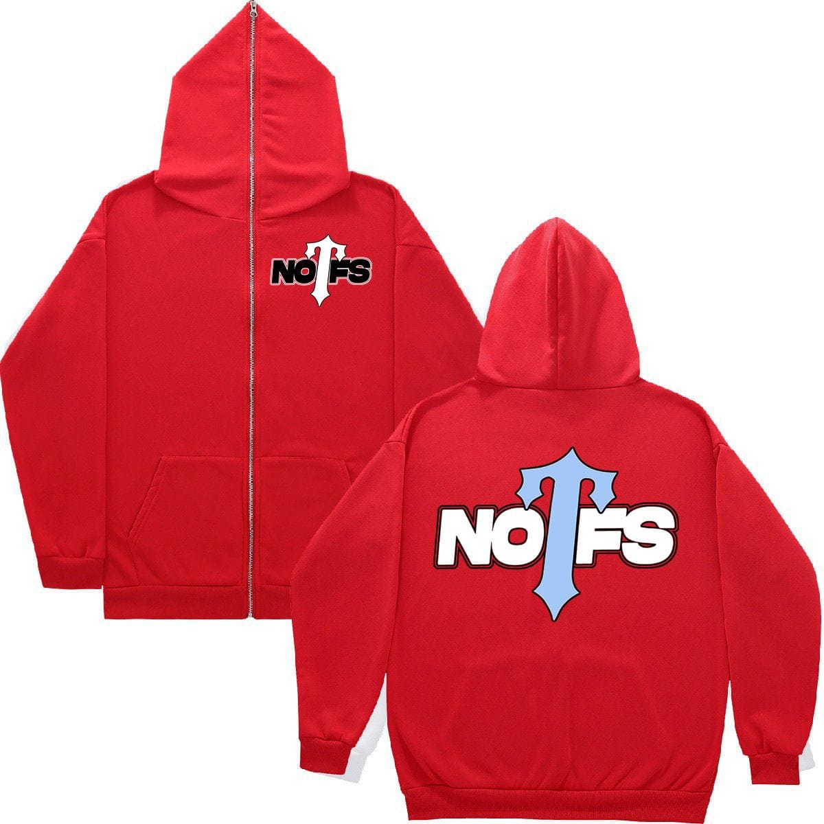 NOFS X Trapstar Zip Up Red Hoodie mit Sky Blue Print NOFS X Trapstar Zip Up Red Hoodie mit Sky Blue Print