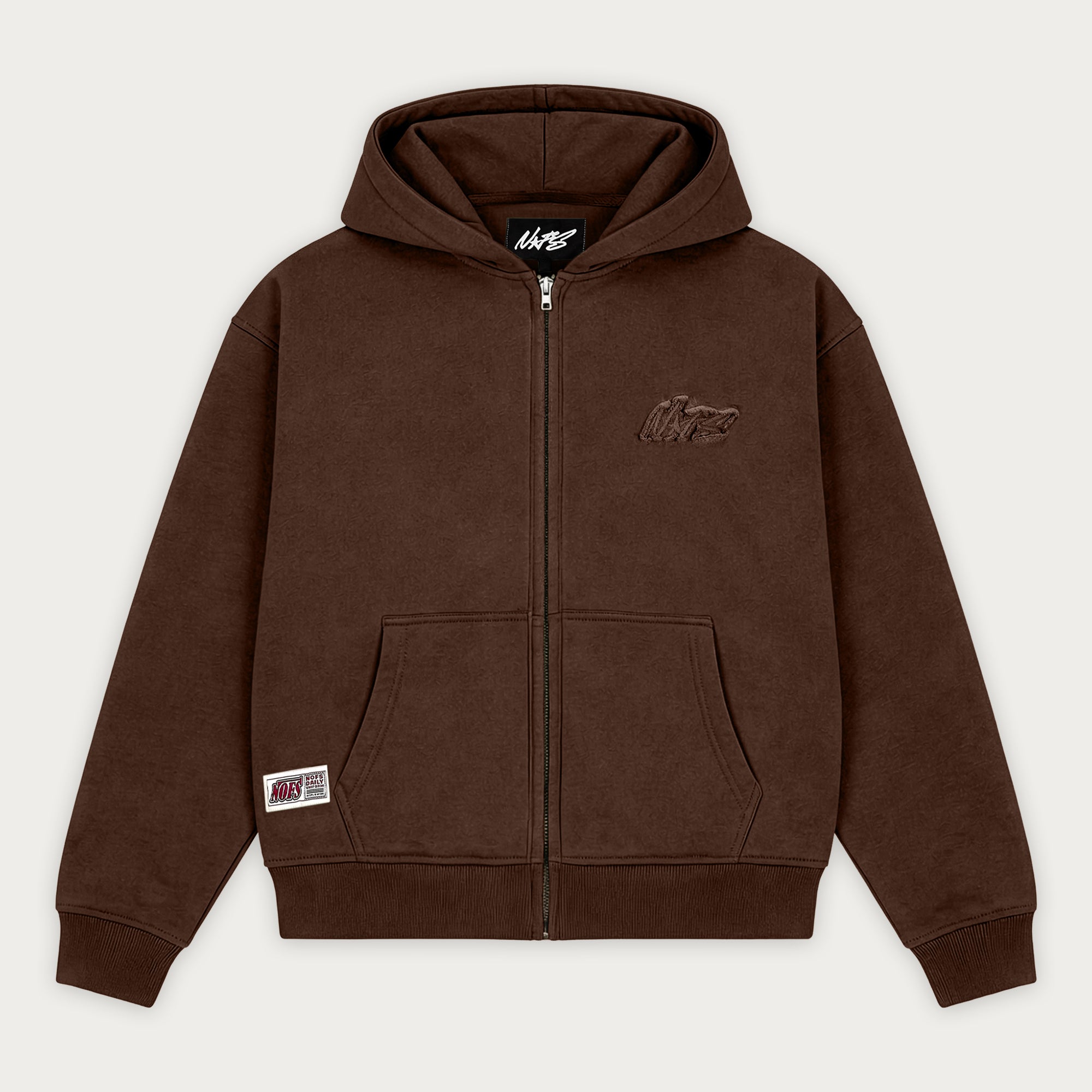 NOFS Brown Zip Hoodie mit 3D Puff Logo NOFS Brown Zip Hoodie mit 3D Puff Logo