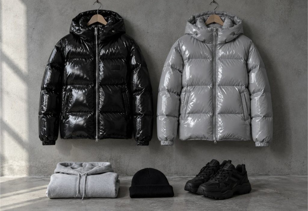 NOFS Puffer Jacke Bulletproof in Schwarz und Grau mit glänzender Nylonhülle und Kapuze