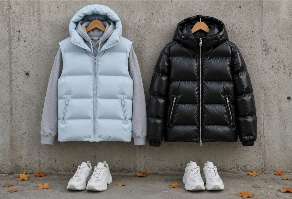 Puffer Weste in Baby Blue über grauem Hoodie neben einer schwarzen NOFS Puffer Jacke