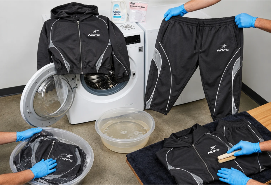 NOFS Black Tracksuit Dark Edition mit Pflegeanleitung, Fleece-Material und Siebdruck-Print von None of Us Streetwear