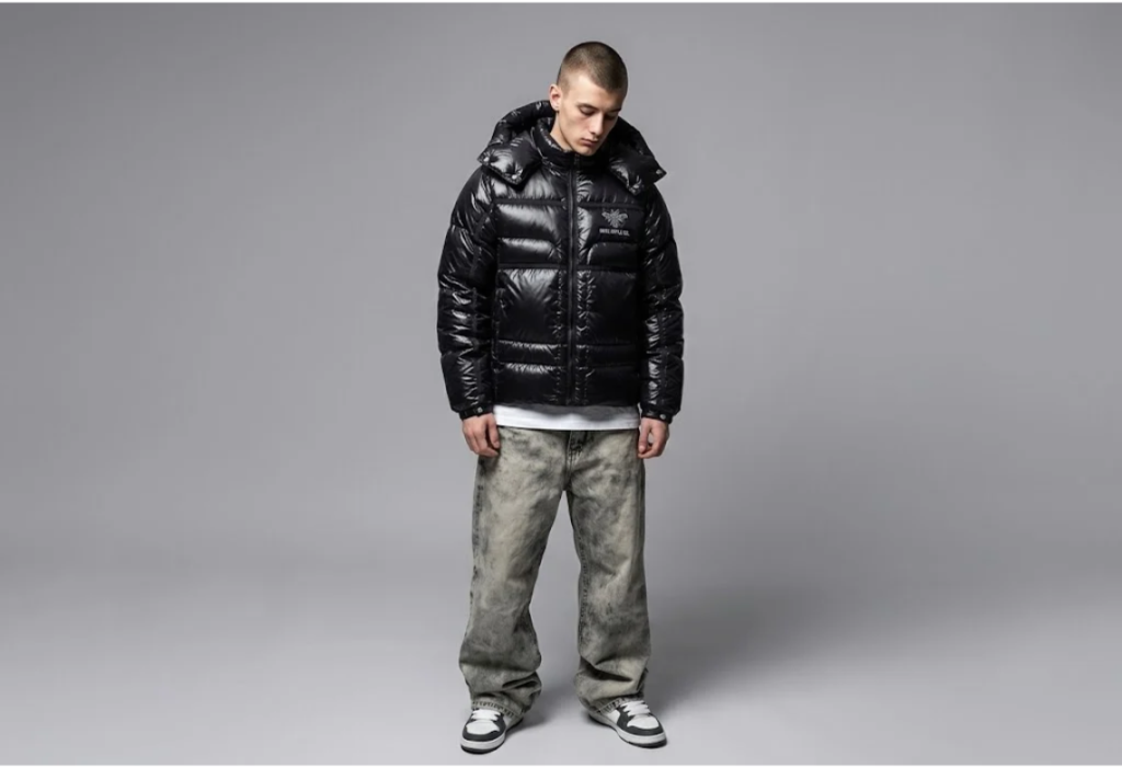 NOFS Black Bulletproof Puffer Jacket im Winter-Outfit mit Hoodie und Jogger